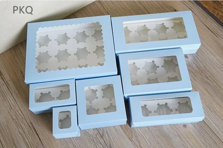

30pcs Wholesale Paper Cake Box Blue/Brown Kraft Paper Box 1/2/3/4/6 Hole Cupcake Packaging Box Wedding Birthday Party Box Carton