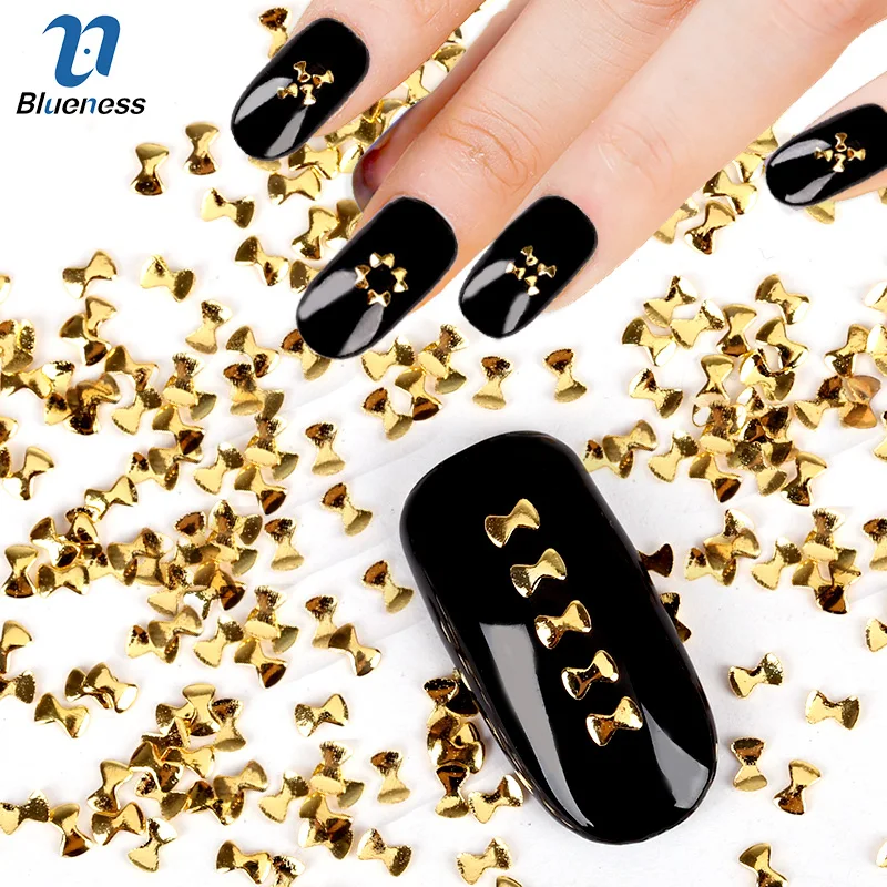 

Gold Color Bow Design 3D Glitter Nail Art Diy Copper Studs Charms 1000Pcs/Lot Bow-Knot Rhinestones Decorations For Nails PJ486