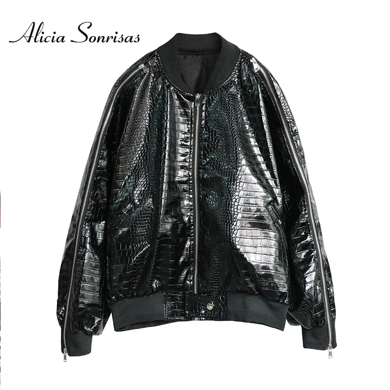

2019 Stand Collar PU Leather Jacket For Women Spring New 2019 Zipper Casual Motorcycle Snake PU Leather Coat 70776