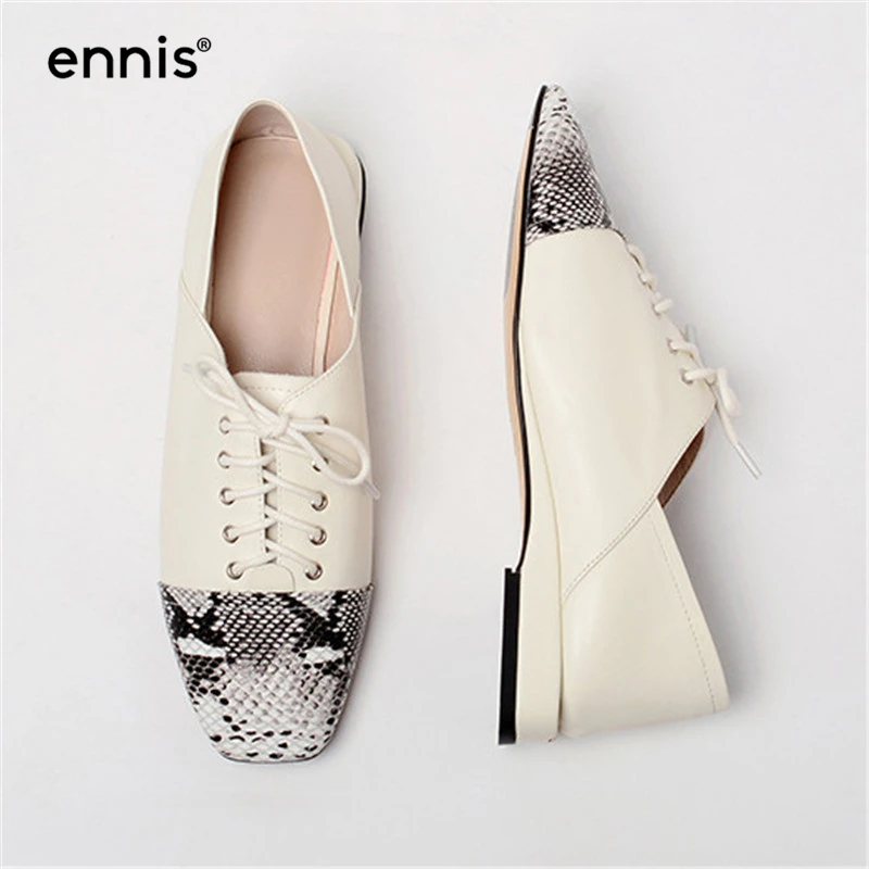 

ENNIS 2019 Fashion Lace Up Women Casual Shoes Genuine Leather Flat Shoes Snake Toe Black Beige Autumn Spring Ladies Shoes C9113