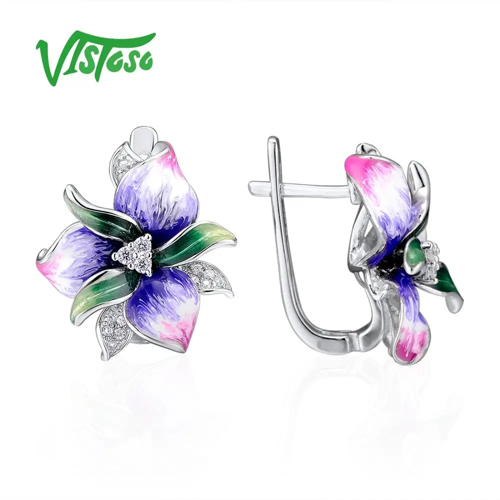 VISTOSO серебряные серьги для женщин розовый цветок шикарные свадебные аксессуары