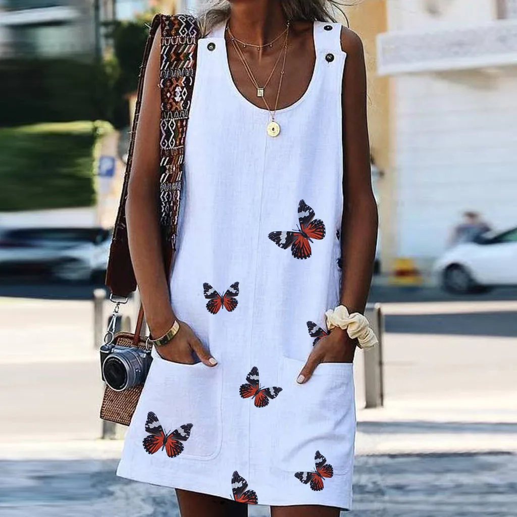 

Women Boho Summer Dress Prints Button Pockets Sleeveless Dress Beach Mini dresses woman party night Summer beach dresses NEW