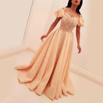 

Peach Muslim Evening Dresses A-line Cap Sleeves V-neck Lace Islamic Dubai Saudi Arabic Long Formal Evening Gown Prom Dress