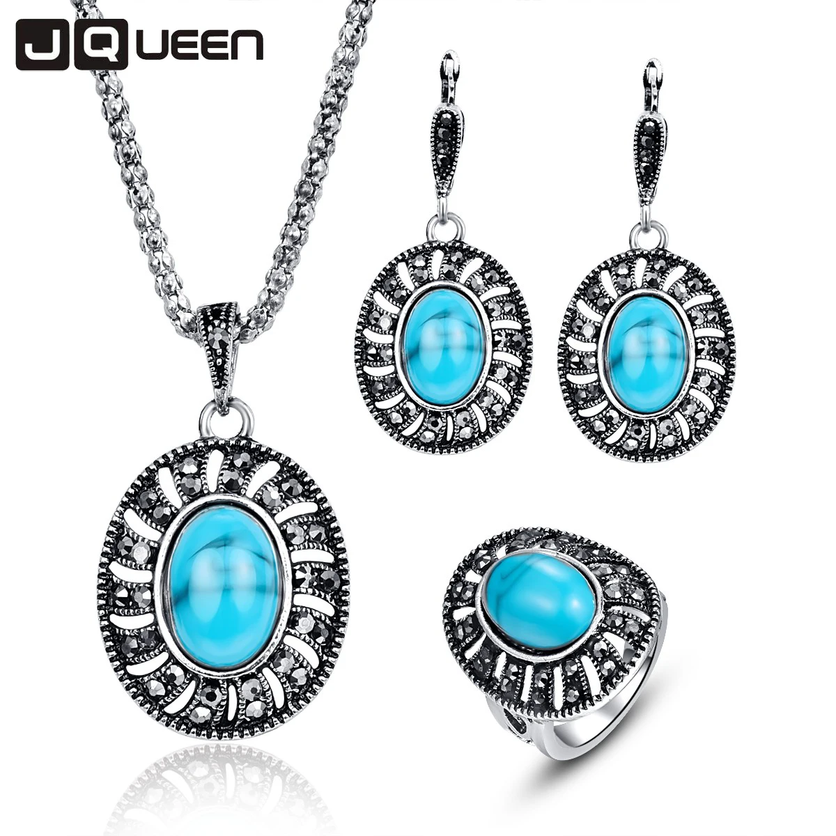 Antique Silver Color Black Rhinestone And Blue Resin Vintage Oval