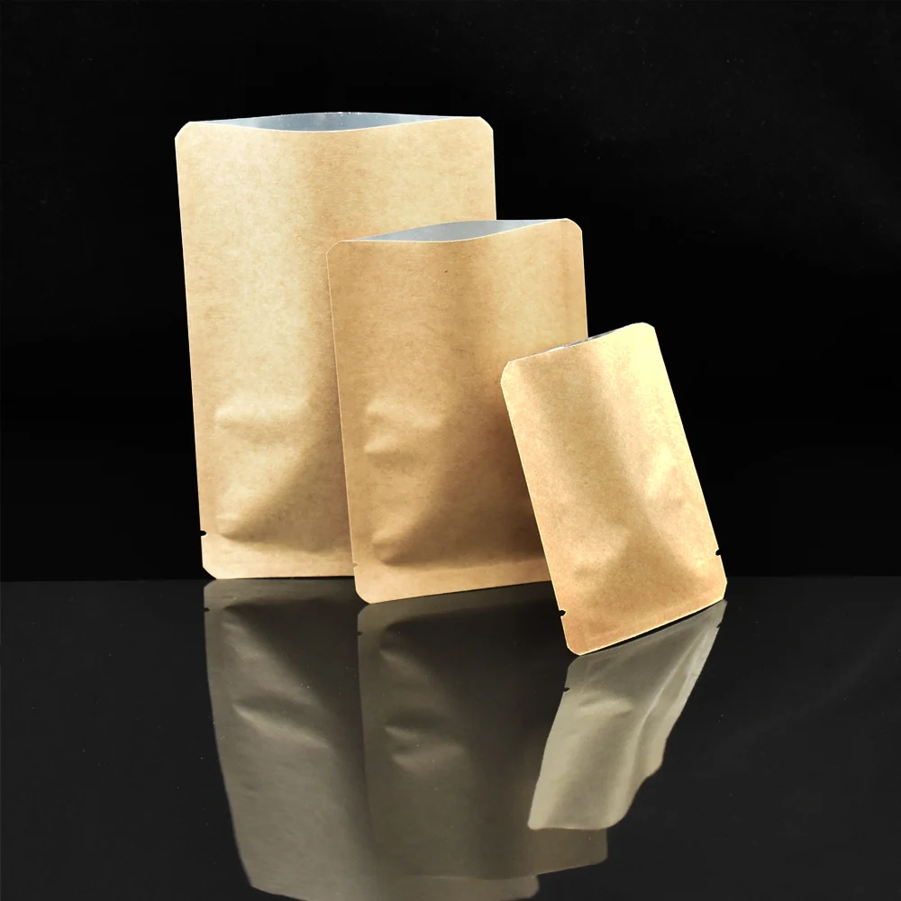 Heat Seal Open Top Food Package Bag Brown Kraft Paper Aluminum Foil Lining Bags with Round Corner Coffee Tea Vacuum Storage Bag