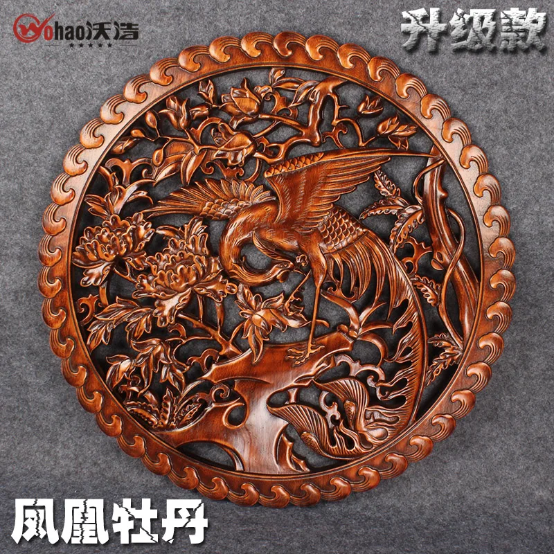 

Dongyang wood carving camphor wood sculpture 58 cm circle peony entranceway wall background wall hanging