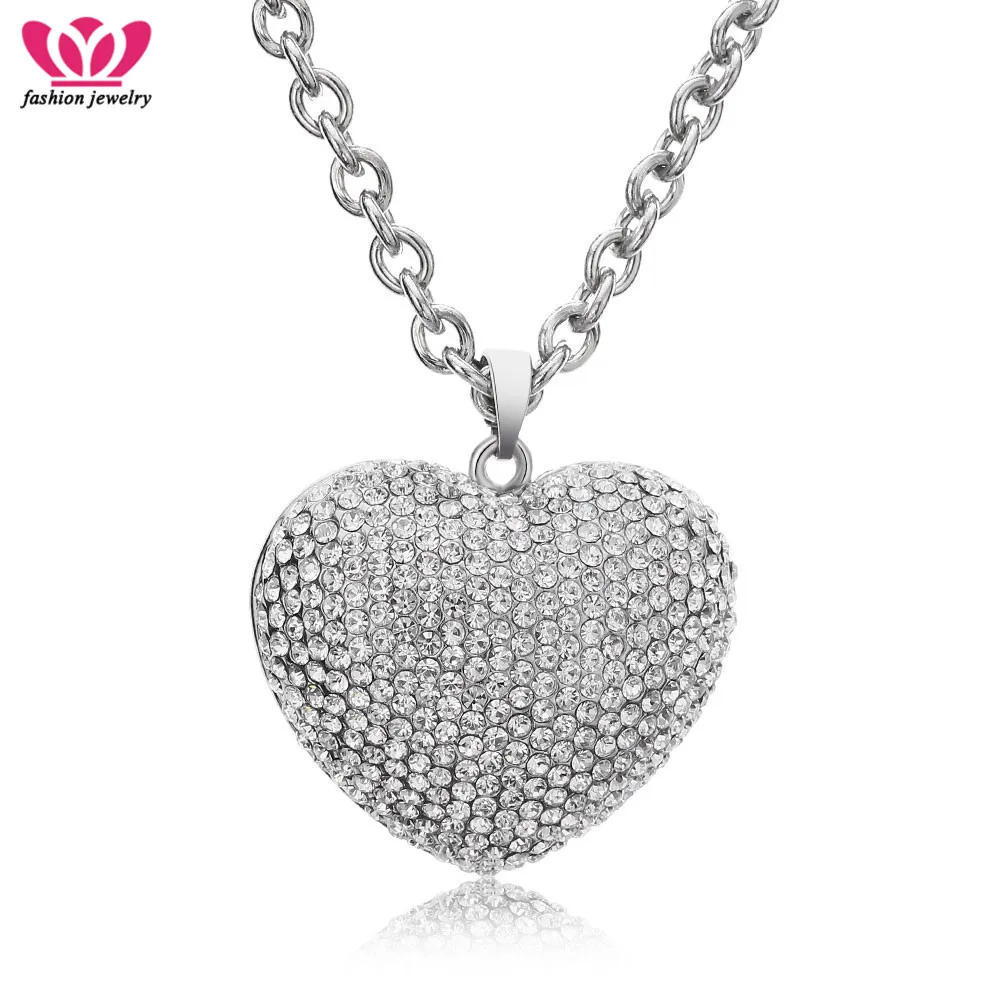 

Silver Big Heart Necklaces Pendants Luxury Love Heart All Cubic Zirconia Jewelry Necklace For Women Party Jewelry Gifts 2018 New