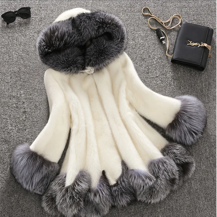 

Luxury Women Winter Warm Faux Fur Jacket Female Plus Size 6XL Fox Rabbit Fur Hoodied Imitation Coat Skirt Style Mink fur Jacket