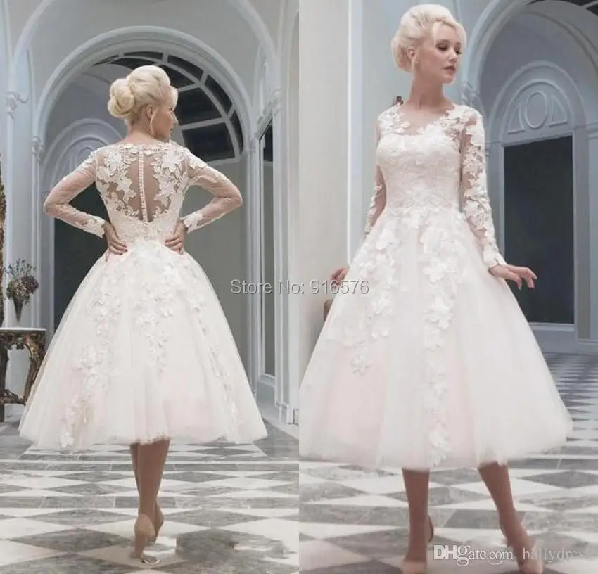 long sleeve lace tea length wedding dress