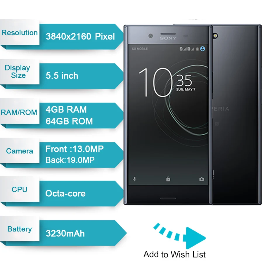Sony Xperia XZ Premium G8141 4G LTE teléfono móvil 4G RAM 64G ROM Single Sim 19MP Octa core NFC 3230 mAh Android carga rápida 3,0 - 3