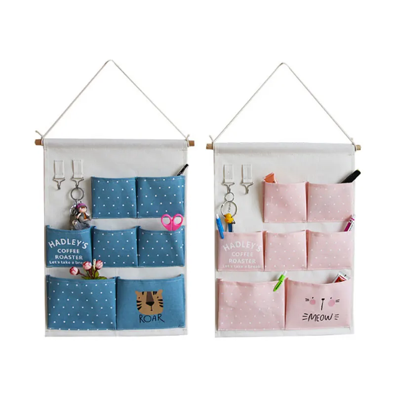 

7 Pockets Hanging Storage Bag With 2 Hooks Door Wall Organizer For Keys Sundries Multi-purpose Cotton And Linen Storage