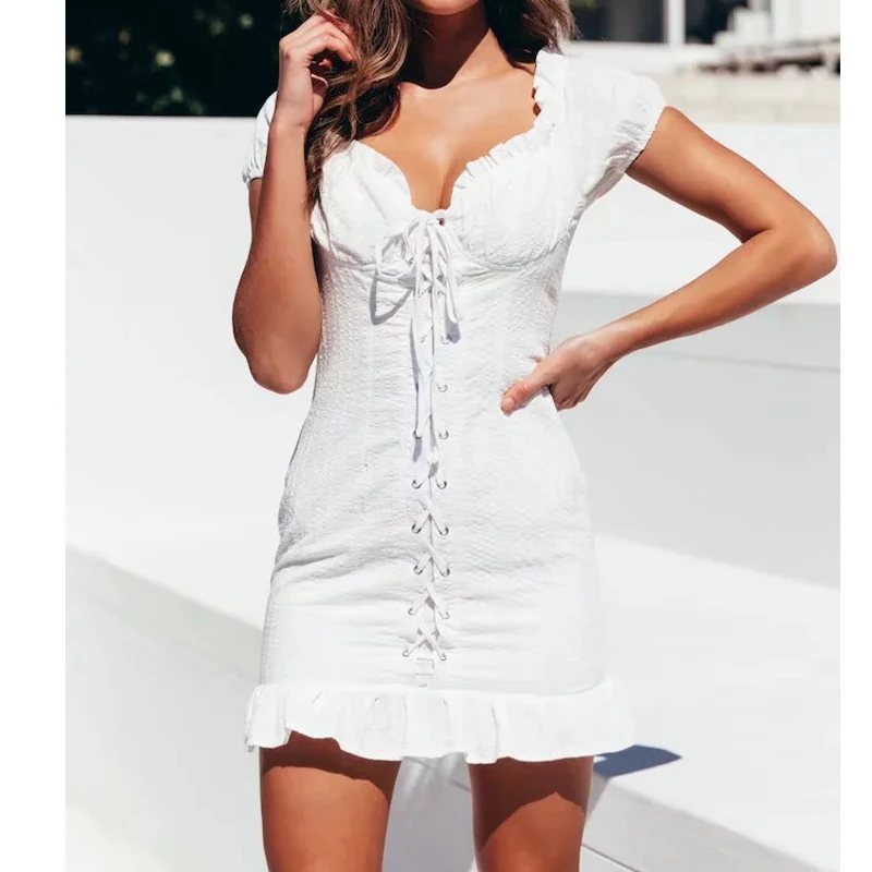 

Elegant V Neck White Lace Dress Women Lace Up Bandage Bodycon Dress Short Sleeeve Party Dress robe femme ete 2019