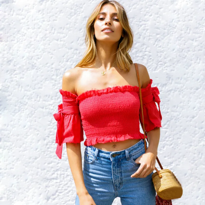 

2019 Summer Sexy Pleated Ruched Ruffles Stretched Crop Tops Tee Women Bow Bandage Navel Bare Off Shoulder Strapless T Shirt