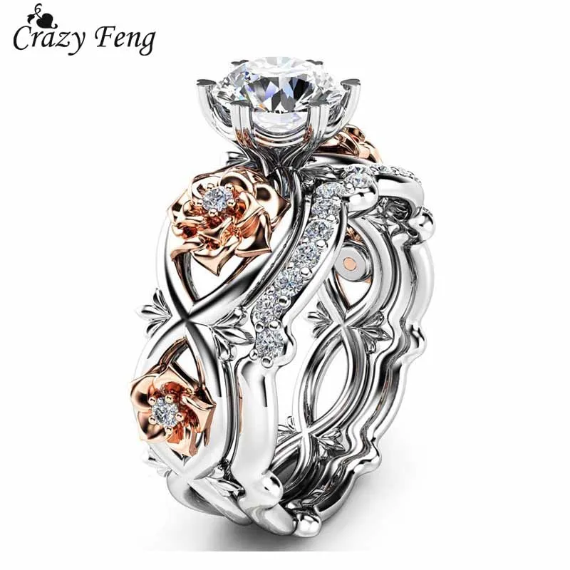 Женское кольцо с цветком розы и кристаллами серебристого цвета|crystal wedding ring|rose flower