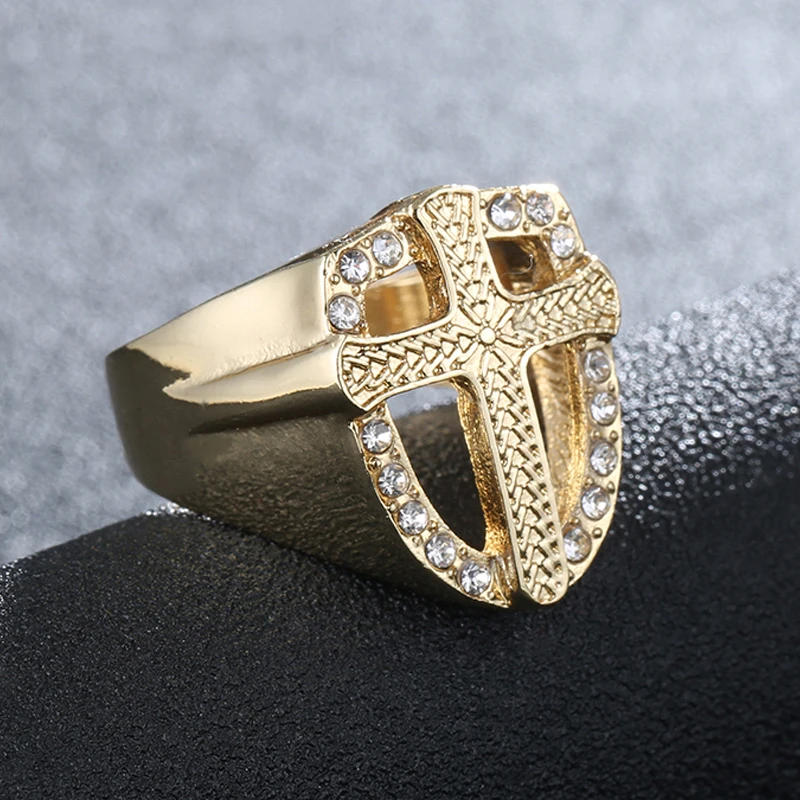 Соня Рыцари Тамплиер доспехи крестоносца крест кольца Iced Out Кристалл Золото перстень для мужчин прохладный мужской дизайн ювелирных изделий