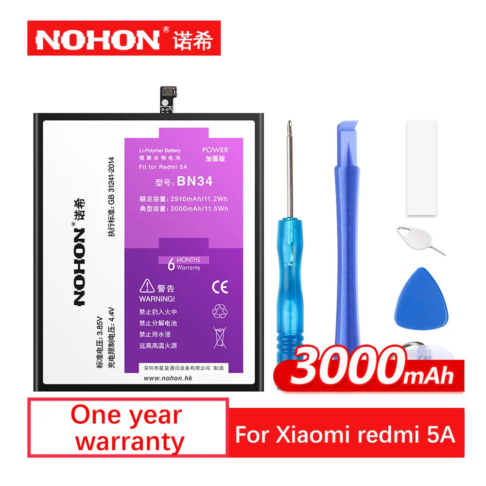 Nohon Аккумулятор для Xiaomi Redmi 5A BN34 реальная емкость 3000 mAh Мобильный телефон литий