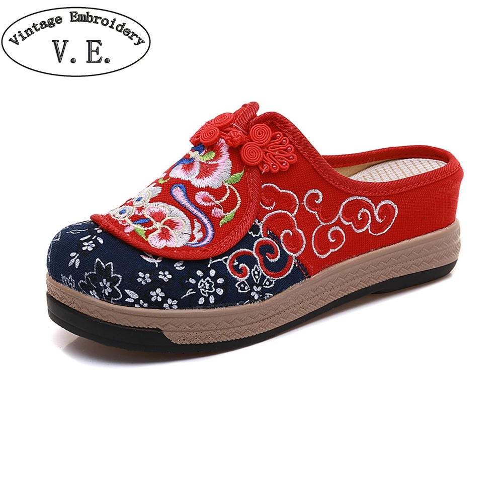 

Handmade Summer Women's Shoes Canvas Close Toe Slippers Chinese National Knot Woman Pumps Vintage Wedges Shoes For Women Sapatos