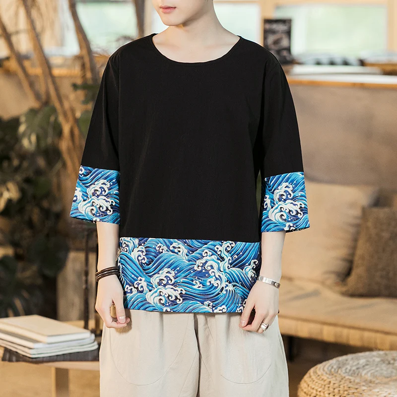 

Large Sizes Patchwork Male T-Shirt Waves Printing Men's T-Shirts Summer O-Neck Black Gray Mens Tee Shirt