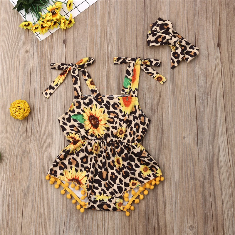 

Toddler Kids Baby Girl Clothes Strap Sleeveless Jumpsuit Floral Print Leopard Romper Casual Tassel Playsuit Headband Set Summer