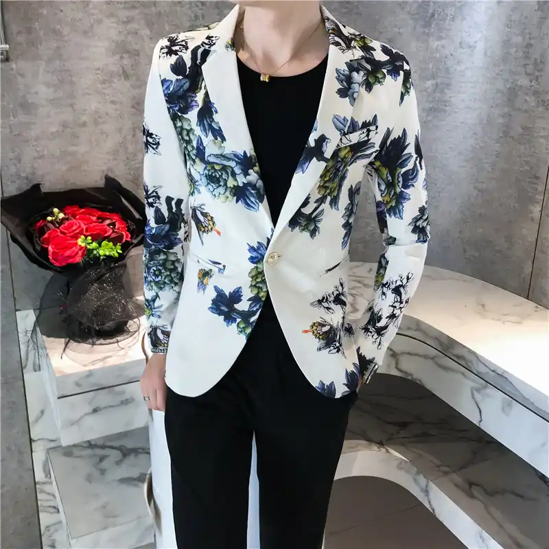 British Fashion Mens Floral Print Blazer Suit Coat One Button Casual Jacket SIZE