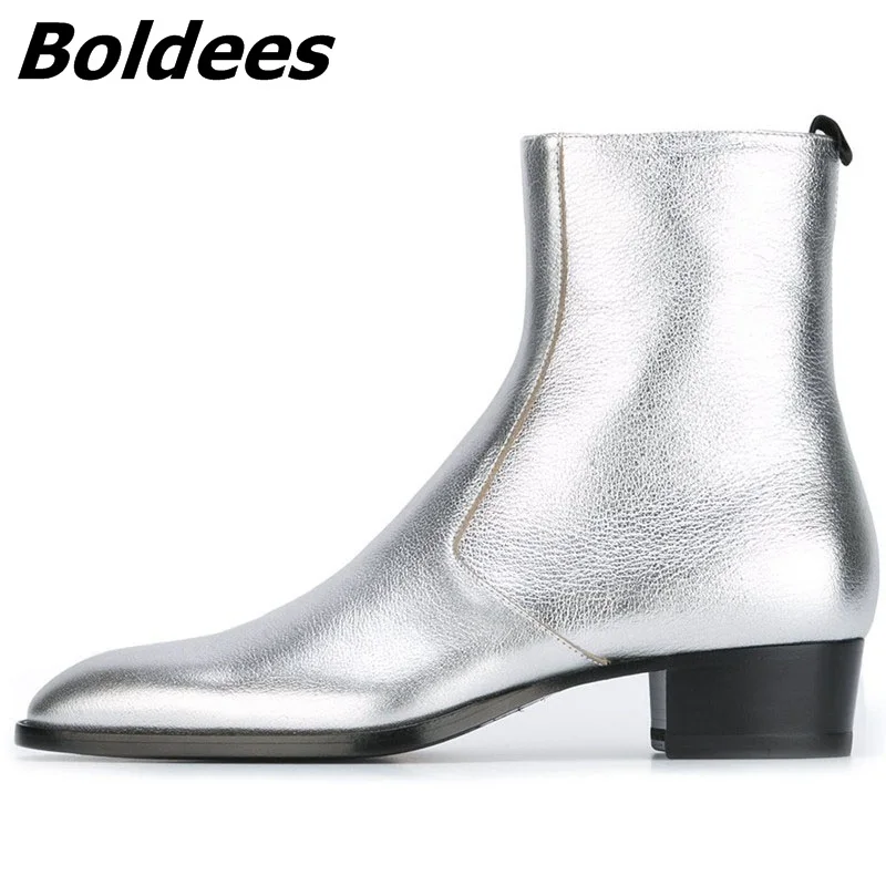 

Boldees Handmade Genuine Leather Metallic Silver High Boots Luxury Design Chelsea Boots Slip-on Rubber Winter Dress Flat MenBoot