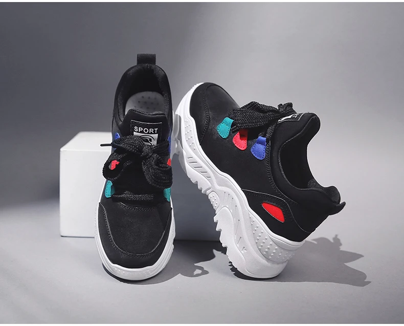 Women's Casual Shoes' Sneaker Dad Shoes Woman Sneakers Leather Black Lace-Up Flat Platform Sneakers Women Dad Shoes Big Size 8 (13)