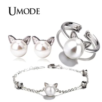 

UMODE Girls Kids Cute Cat Ear Pearl Stud Earrings Adjustable Rings Chain Bracelets Jewelry Set Womens Jewellery US0054