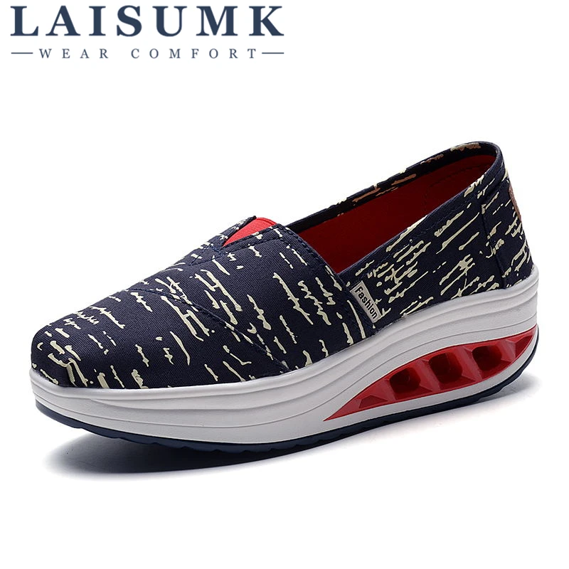 

2019 LAISUMK Brand Spring Wedges High Heels Ladies Casual Shoes vulcanize Women Slip on Platform Chaussure Canvas Shoes