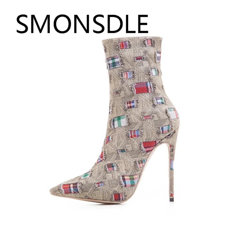 

2018 New Rome Ladies Boots Denim Pointed Toe Thin High Heels Spring Ankle Boots for Women Zipper Shoes Woman