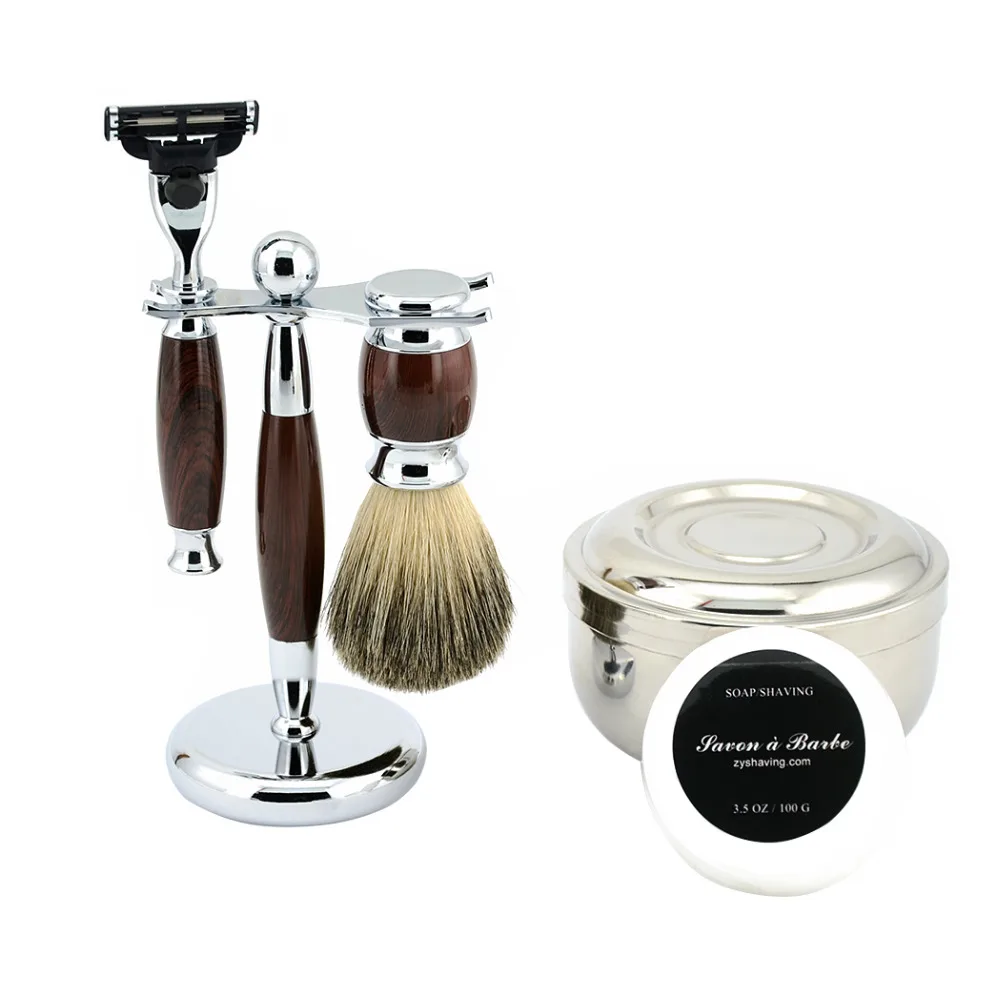 

GrandSlam Men Shaving Gift Kit Safety Razor 3 Layers Blade Pure Badger Shaving Brush Shaver Stand Holder Cream Soap Bowl