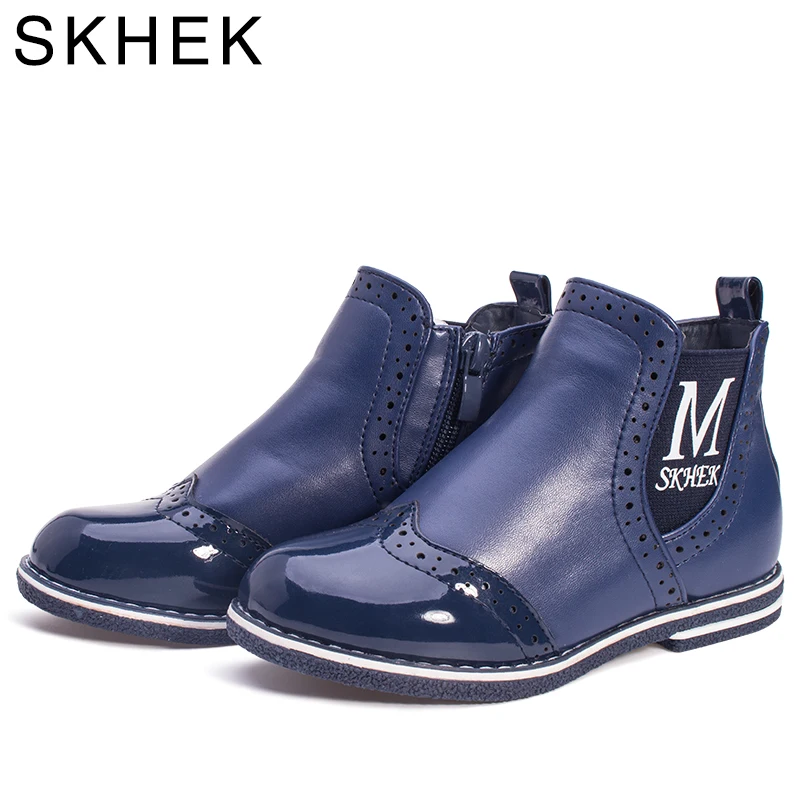 

SKHEK Winter Children Boots Rubber Outsole Ankle Girl Shoes For Kids Boots PU Leather Blue Girls Waterproof Shoe C1536