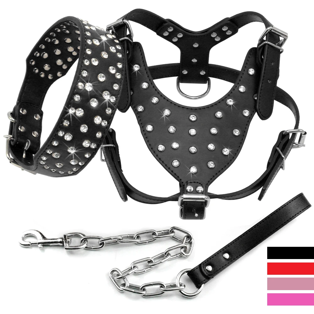 Шикарные стразы, Шипованный кожаный ошейник для собак, поводок, набор из 3 предметов, для прогулок, средних и больших собак, Питбуль, боксер, розовый, черный, M, L, XL