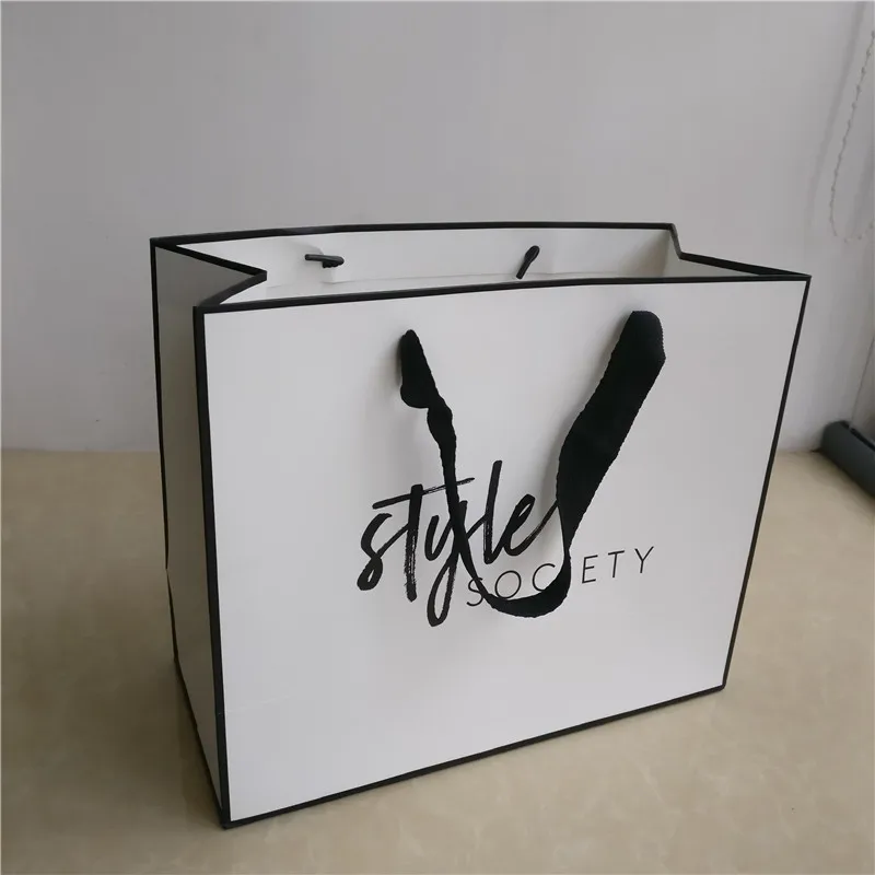 Wholesale 500pcs/lot recyclable paper bags with ribbon handle customized shopping bags logo with ...