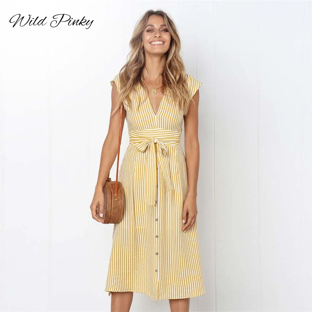 

WildPinky Boho Style Striped Print Summer Dress Women Bow Tie Sashes Short Sleeve Retro Ladies Casual Chic Midi Dresses Vestidos