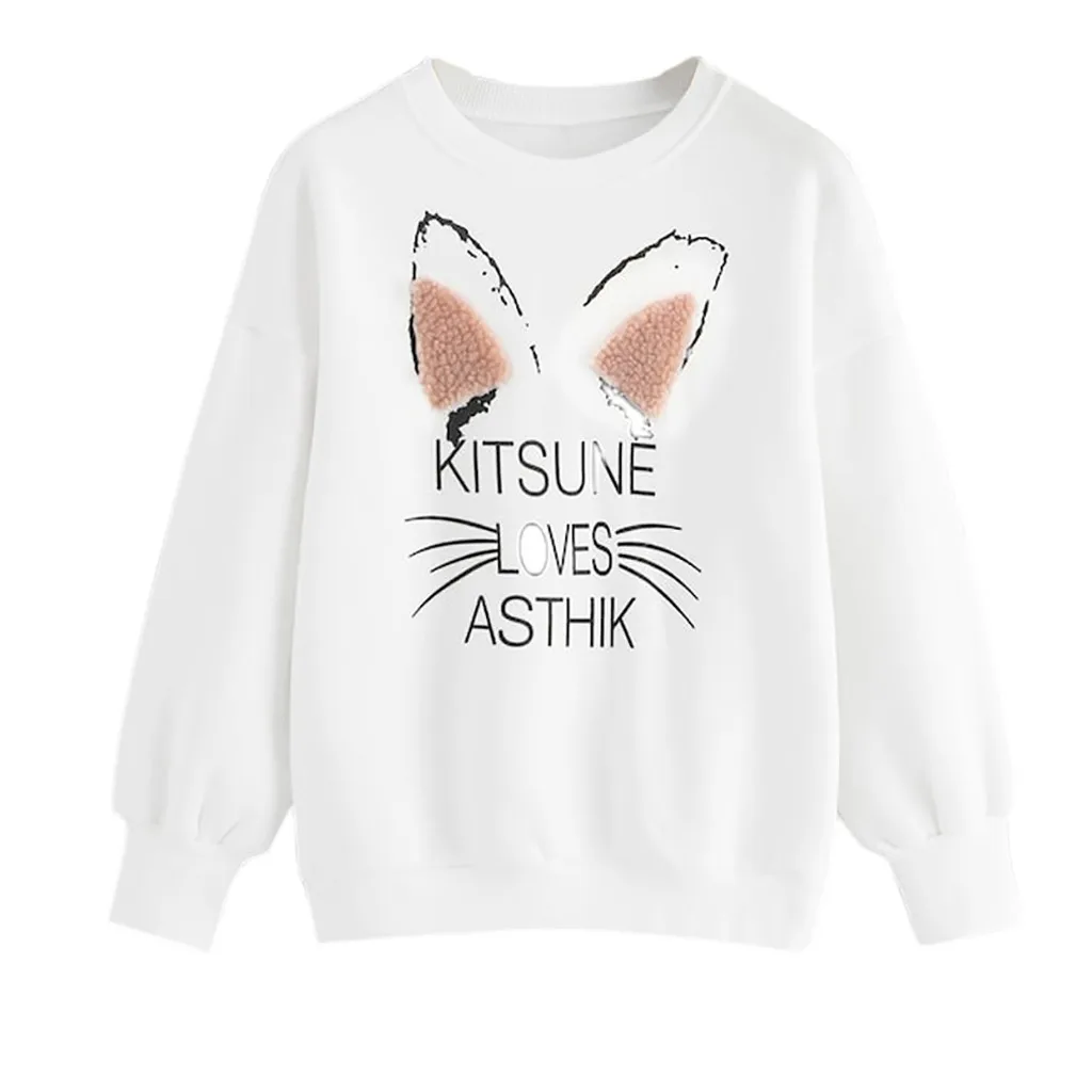 

Women's fashion casual loose cat print white fleece Print letter KITSUNE LOVES ASTHIK