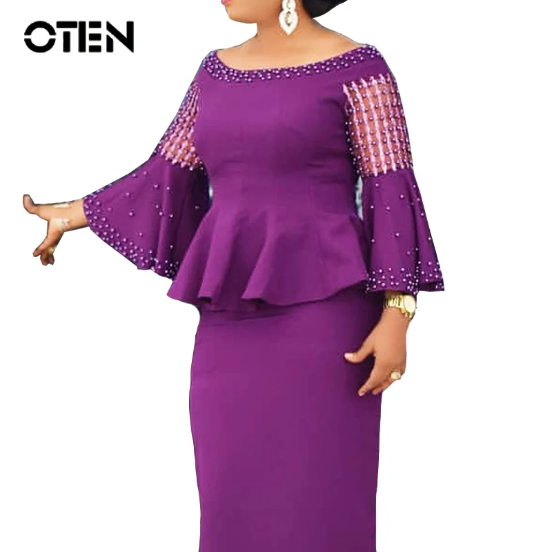 

OTEN Two piece set dress Women Autumn Spring Elegant Flare Sleeve See Through Peplum ladies Work wear business kleider dresses