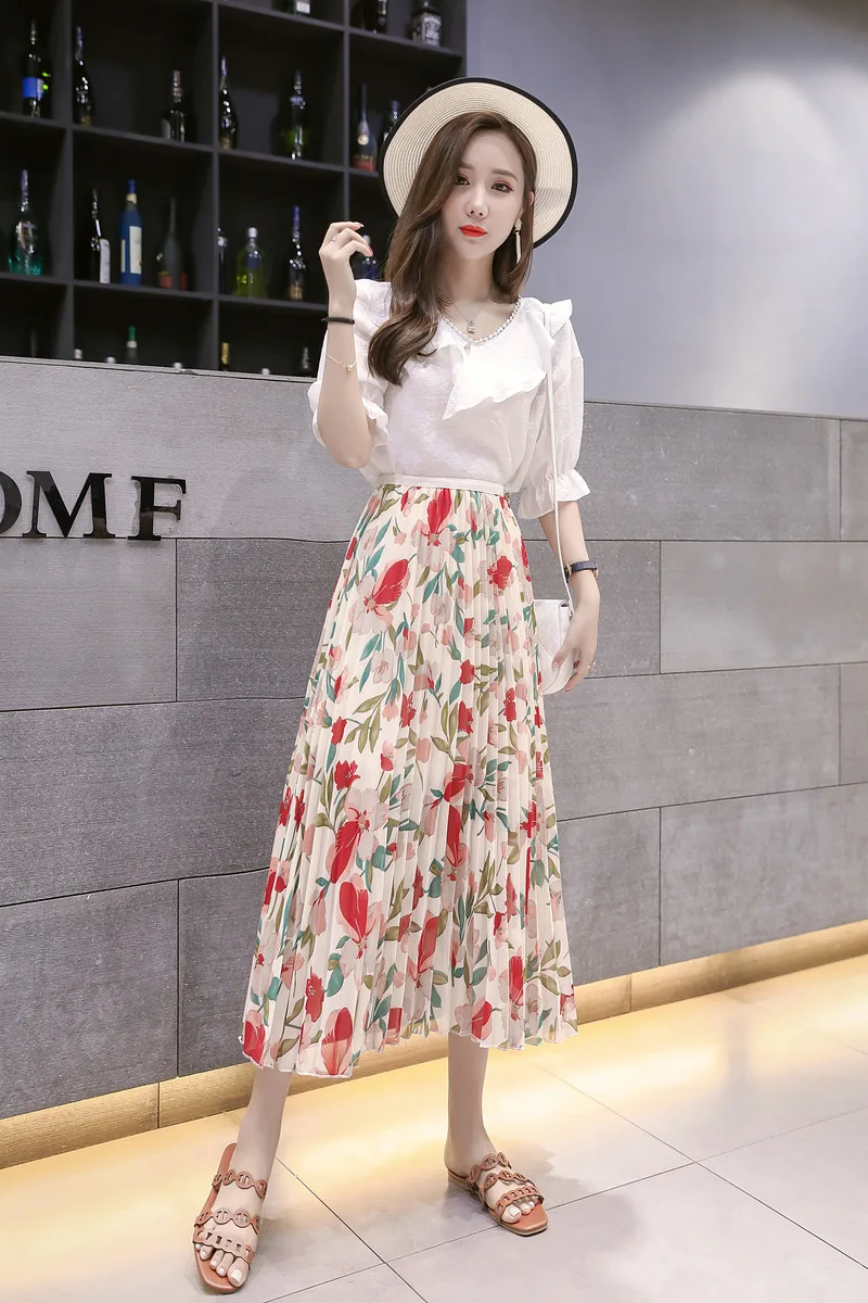 Женские богемные двухслойные Длинные Макси плиссированные рубашки с цветочным принтом винтажные шифоновые Свободные сарафаны летние женские миди юбки