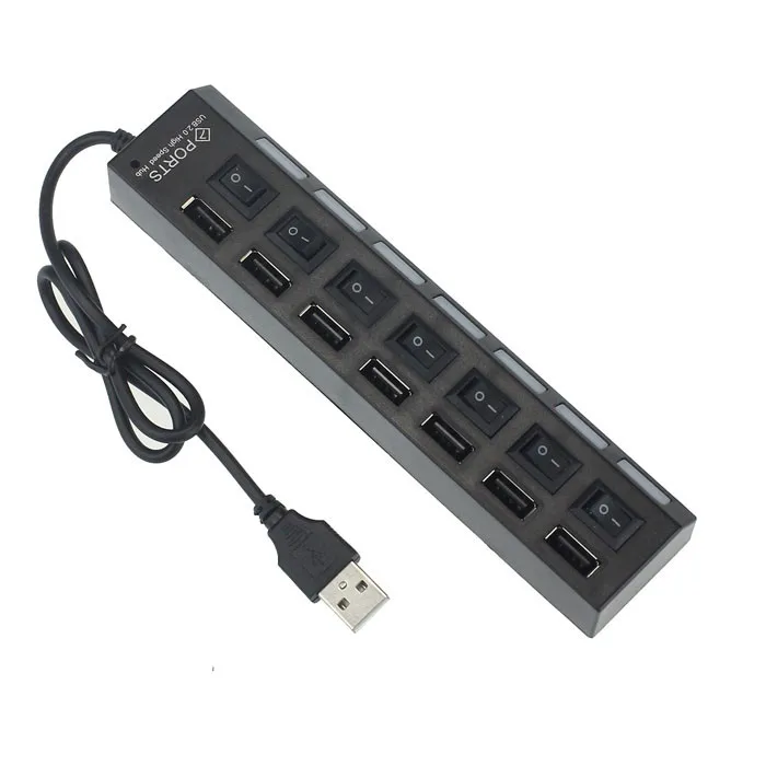 7 портов светодиодный USB 2,0 адаптер концентратор питания вкл/выкл переключатель для ПК ноутбук WH - Цвет: Черный