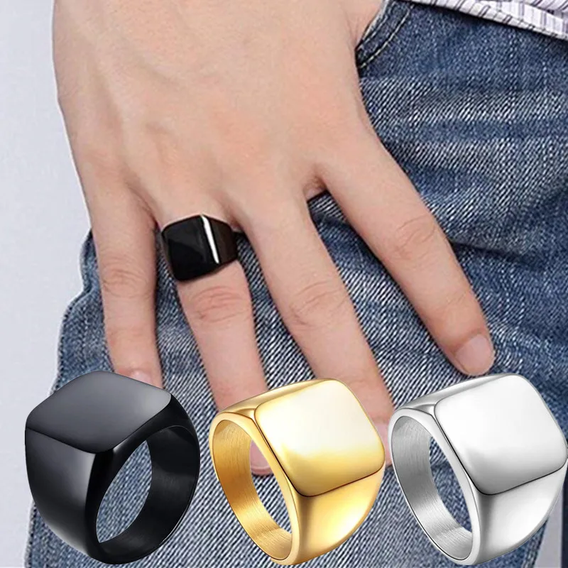 

Signet Biker Rings Solid Polished Stainless Steel Ring for Men Size 7-15,Black God Silver 3 Colors