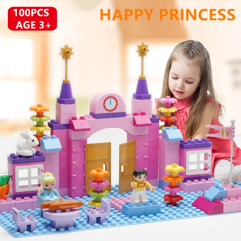 

100Pcs Large Particles Happy Princess Friends Castle LegoINGLs Duplo Kids Bricks City Building Blocks Sets Toys for Girls