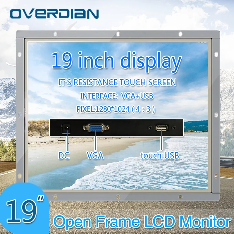 

19Inch/19"White Open Frame Metal Shell Industrial Monitor VGA/USB Interface TFT Type 4:3 Squarescreen Display Resistance Screen