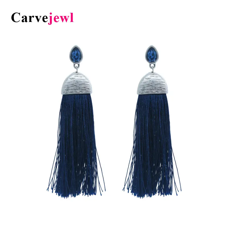 

Carvejewl cotton tassel earrings tear drop blue glass stone Earrings for women jewelry Long drop dangle earrings girl gift hot