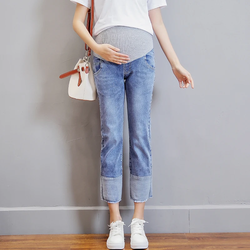 Latest 9/10 Length Maternity Patchwork Jeans Elastic Waist Belly Pants