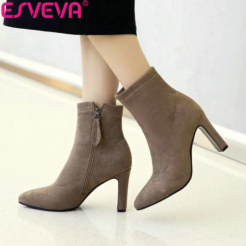 

ESVEVA 2019 Woman Boots Flock Square High Heels Autumn Shoes Pointed Toe Sewing Boots Women Ankle Boots Shoes Zippers Size 34-43