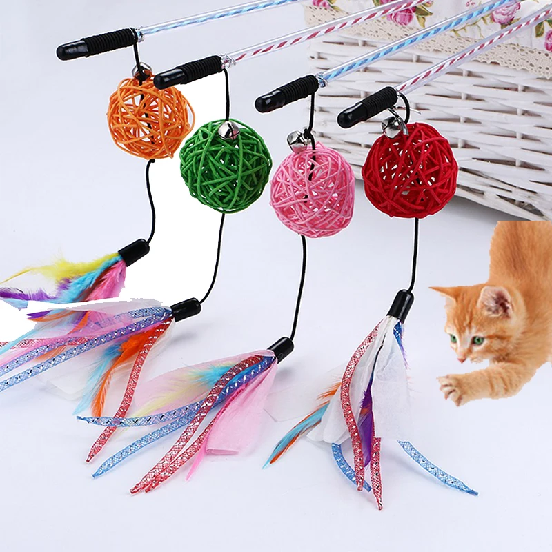 

10Pcs/lot Pet Cat Kitten Toy Rolling Rattan Ball Funny Cat Stick Fun Scratching Interactive Play Dolls Feather Toys