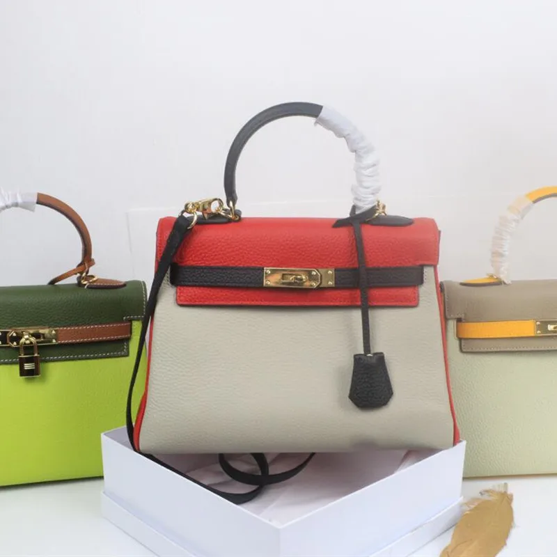 

High-end women's color matching first layer cowhide handbag 2018 new lychee pattern leather bag diagonal shoulder bag
