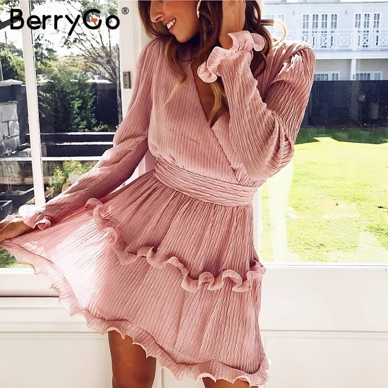 BerryGo, женские платья, элегантное Плиссированное шифоновое летнее платье,, длинный рукав, v-образный вырез, оборки, белые платья, мини платье