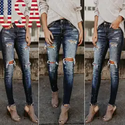 2018 hotwon Повседневное Для женщин рваные джинсовые узкие Брюки для девочек отверстие Высокая талия стрейч Джинсы для женщин длинные узкие
