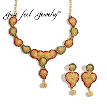 

JUST FEEL Golden 2 Color Jewelry Sets For Women Wedding Arab Indian Dubai Charm Bridal Crystal Beads Heart Earrings Necklace Set
