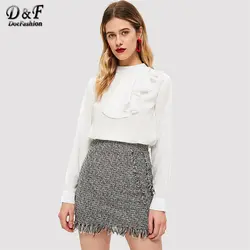 Dotfashion белый с оборкой Mock Neck Для женщин s Топы и блузки Повседневное осенние Рубашки Для женщин 2019 Костюмы весна топ с длинными рукавами